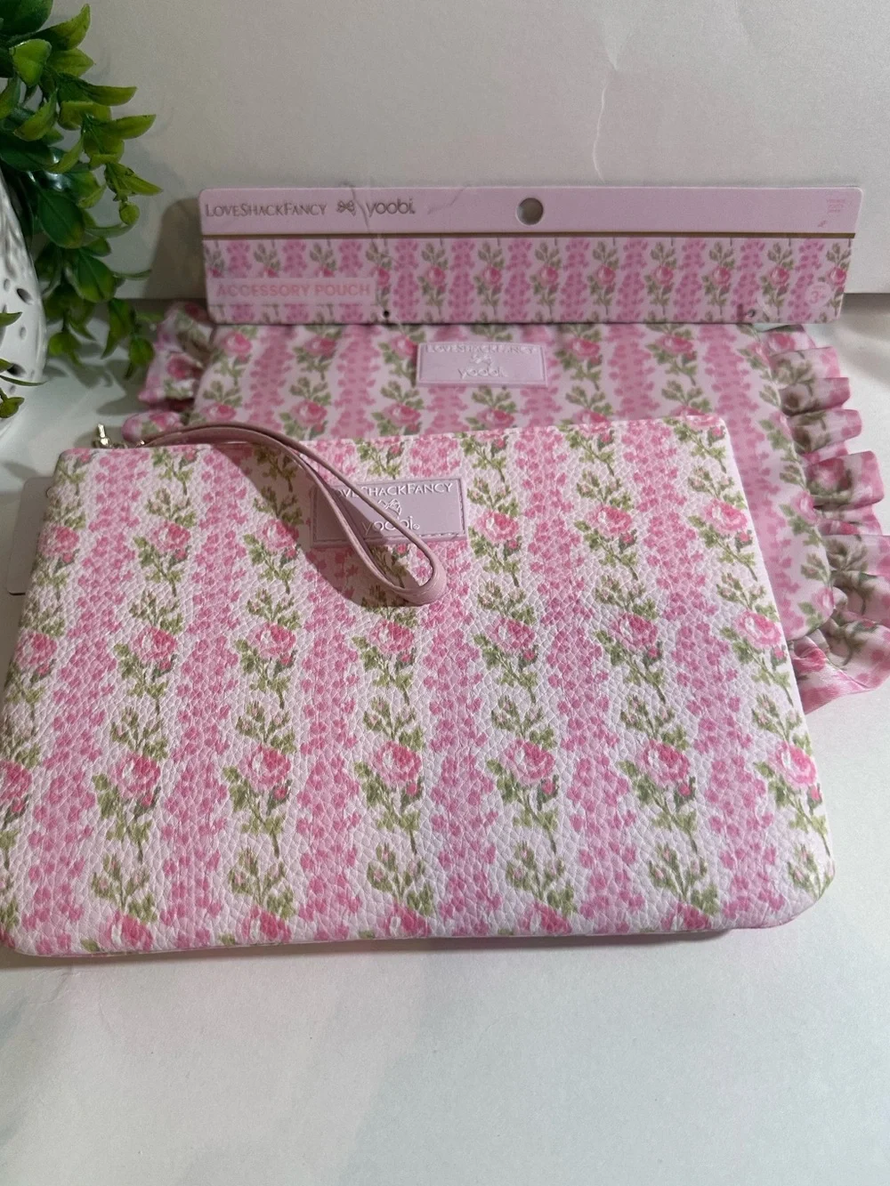 LoveShackFancy Blooming Heirloom Pink Floral Cosmetic/Accessory Pouch Set